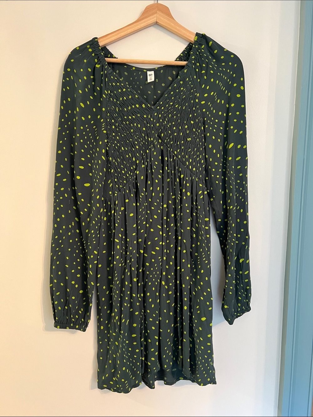 bp Black Mini Dress with Neon Green Dot Print